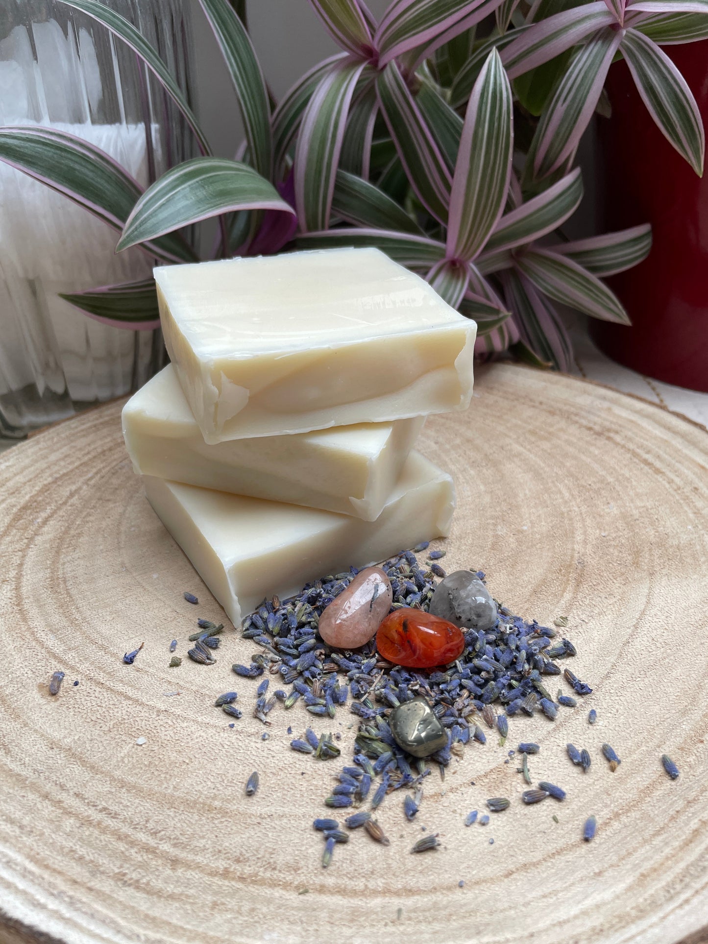 Bars of handmade environmentally friendly and natural Lavender Frankincense & Eucalyptus Soap Bar displayed with dried lavender buds and healing stones and plants.