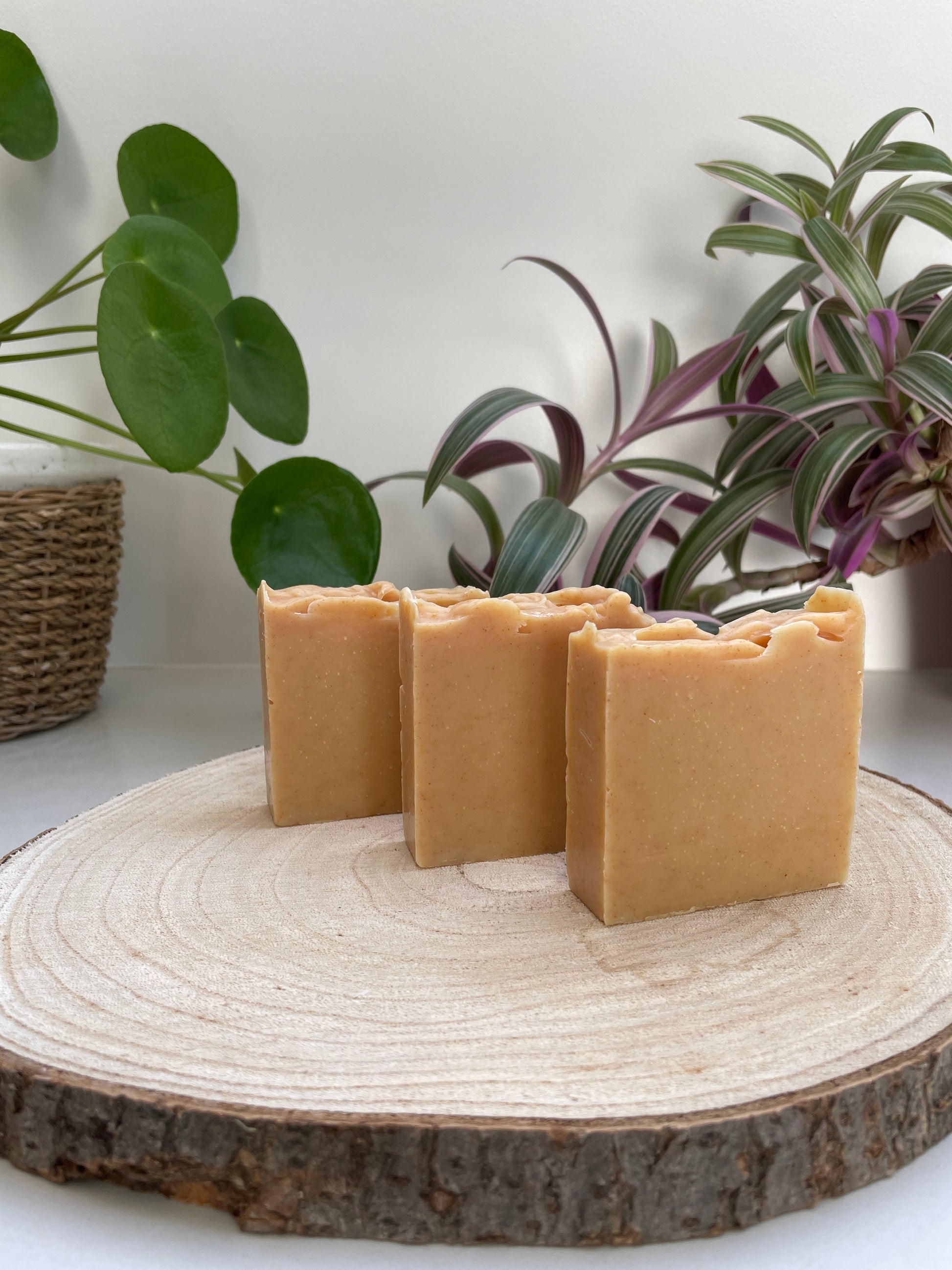 Three bars of handmade environmentally friendly Lemon, Orange, Geranium & Ylang Ylang Soap bar displayed on a sliced log with plants.