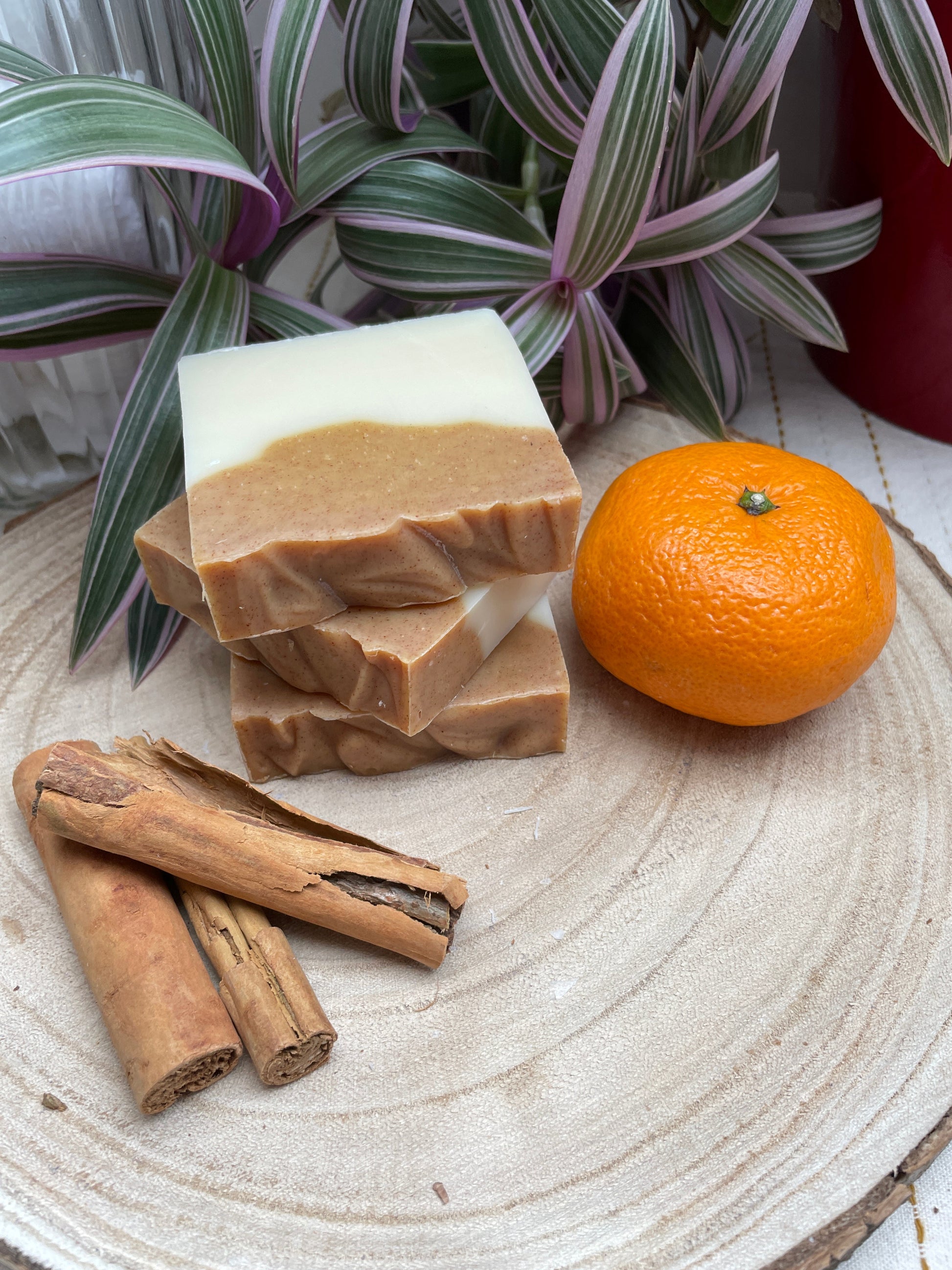 Bars of handmade environmentally friendly and natural orange & cinnamon soap bar displayed with cinnamon sticks and a small orange and plants.