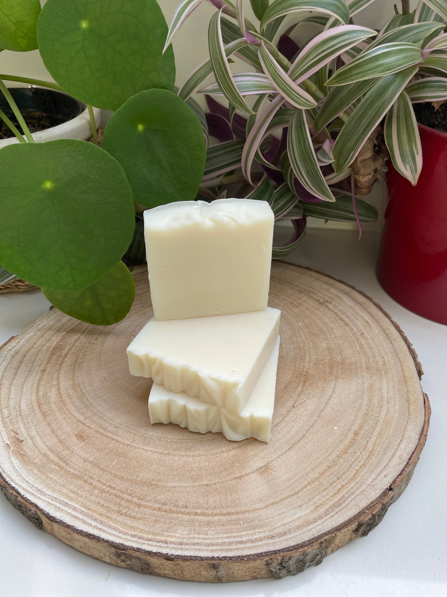 Natural handmade and environmentally friendly the naked soap bars is unscented and displayed in a pile on a log with plants behind.