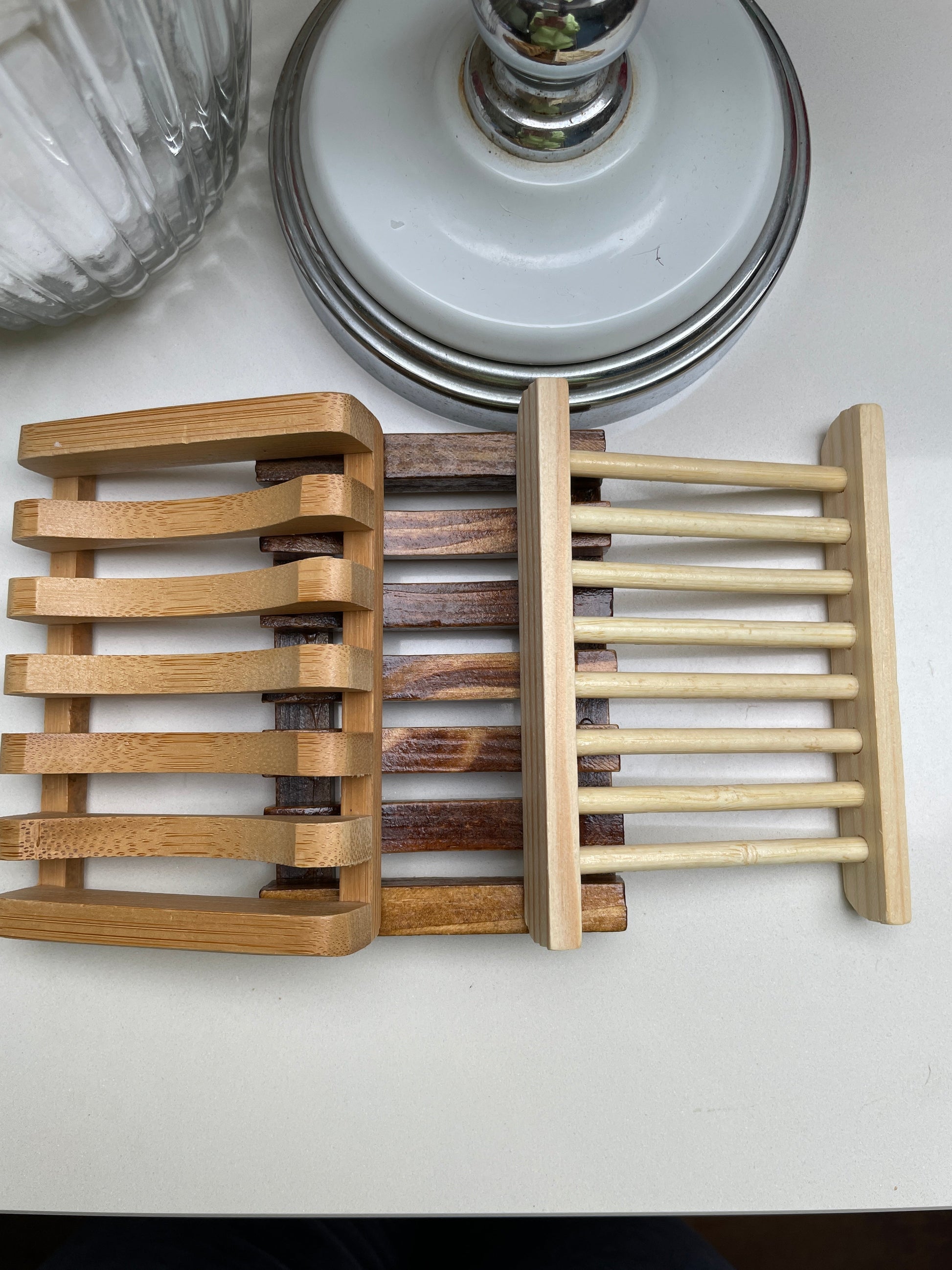 Three different styles of wooden soap dish.